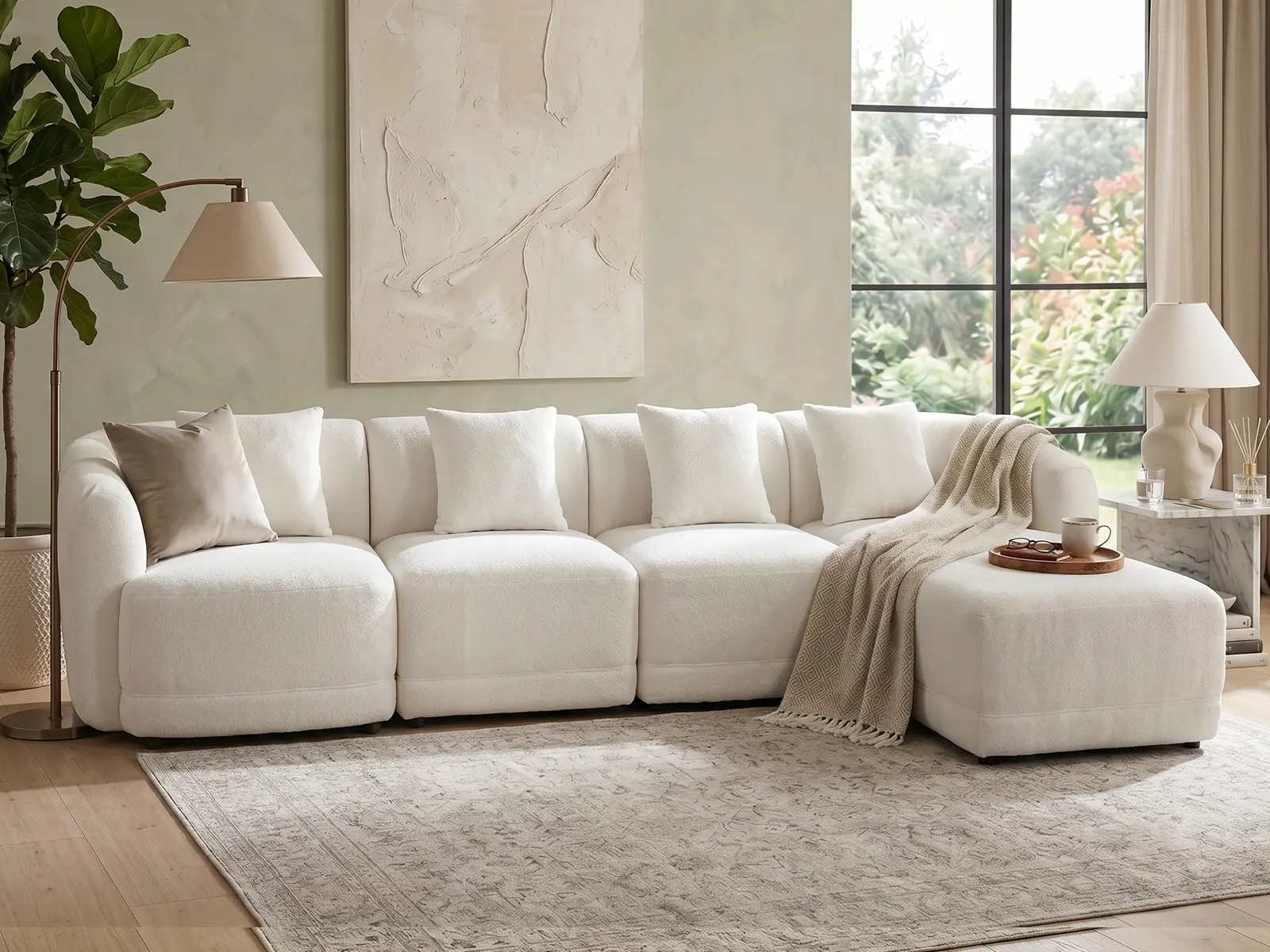 143" Cloud Sectional Couches for Living Room, 4 Seater Modern Contemporary Sofa with Ottoman & Curved Arms, Boneless Couch with Pillows, Modular Couch with Low Back and Deep Seat, Comfy Sofa Couches for Living Room