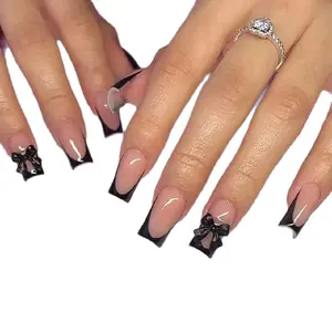 Bow Decor French Edge Nail with Nail File & Tape, 24pcs/box Long Square Press on Nails for Women & Girls DIY Nail Art. Elegant  Stick on Nails Kit