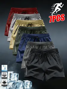 Men’s 7-piece shorts set for sports, fitness, and swimming, featuring zippered pockets. Quick-drying, casual, breathable drawstring shorts suitable for summer outdoor activities, gym training, relaxing at home, and beach vacations.