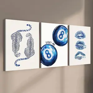 3 Count Wooden Frame Canvas, Leopards, Lucky 8 - Balls and Lip Prints Poster, Perfect Living Room Decoration, Fashion Family Poster, Modern Art, Hallway Mural, Apartment Dormitory Poster, Modern Art Design, High Definition, Waterproof, Art