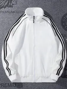 Men's Three-Stripe Stand Collar Zipper Windproof Jacket, Casual Lightweight Track Style Coat, Fashionable and Stylish Outerwear, Athlete Jackets
