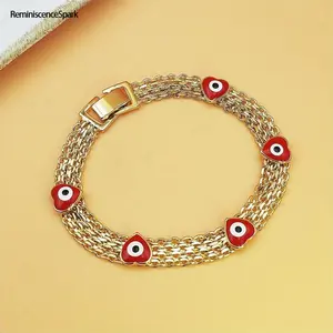 Women’s Boho-Chic Evil Eye Charm Bracelet – Luxe Wide Golden-Tone Copper Chain with Red Beads, Durable Protection Symbolism for Everyday Wear & Festival Gifting