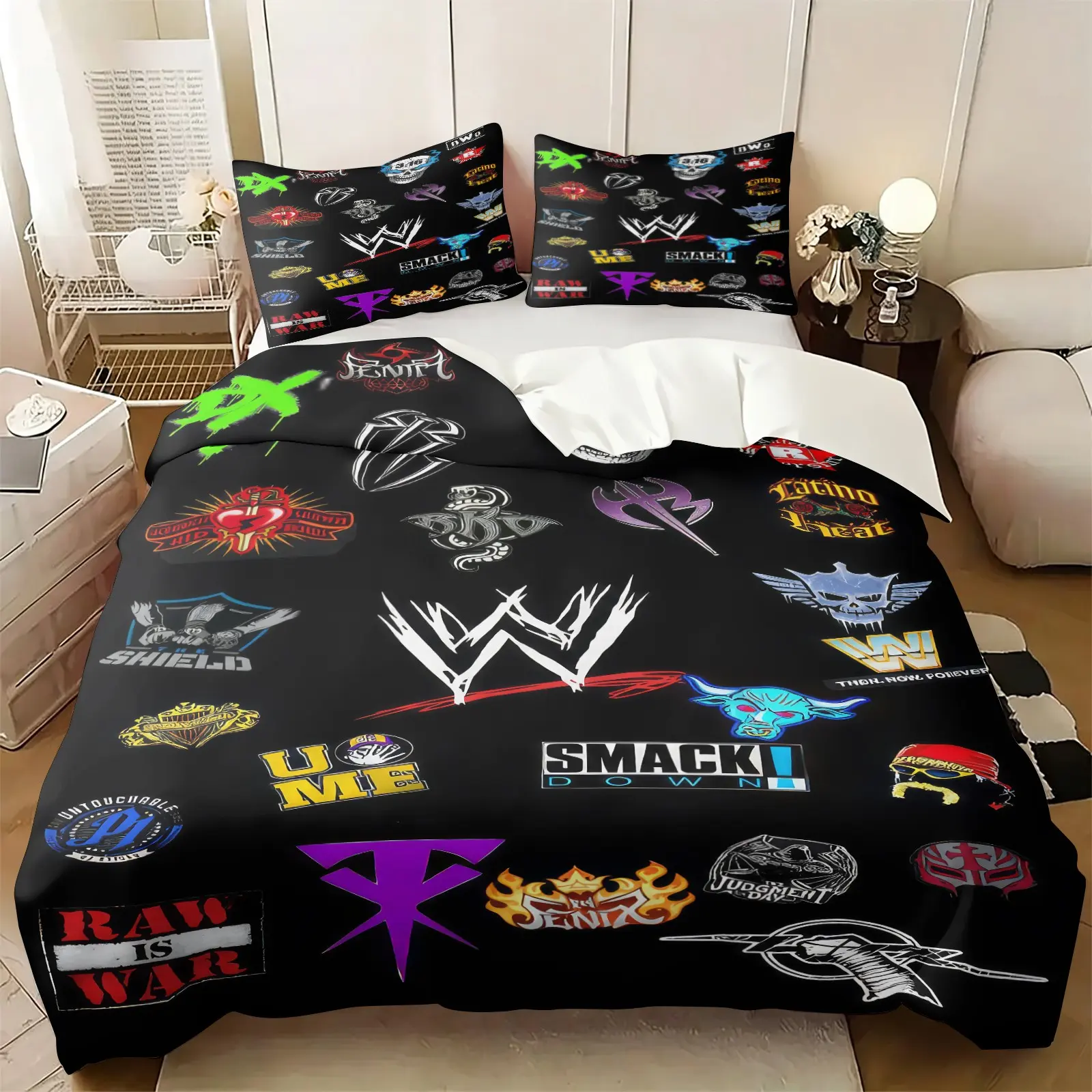 2/3 piece WWE themed Bedding Set, hot Blooded style Duvet Cover Set for Wrestling Events, Comforter Cover for events such as "SMACK DOWN" and "RAW IS WAR", including 1 Quilt Cover and 1/2 pillowcase, Bedroom Bedding Sets, Soft Bedding Sets
