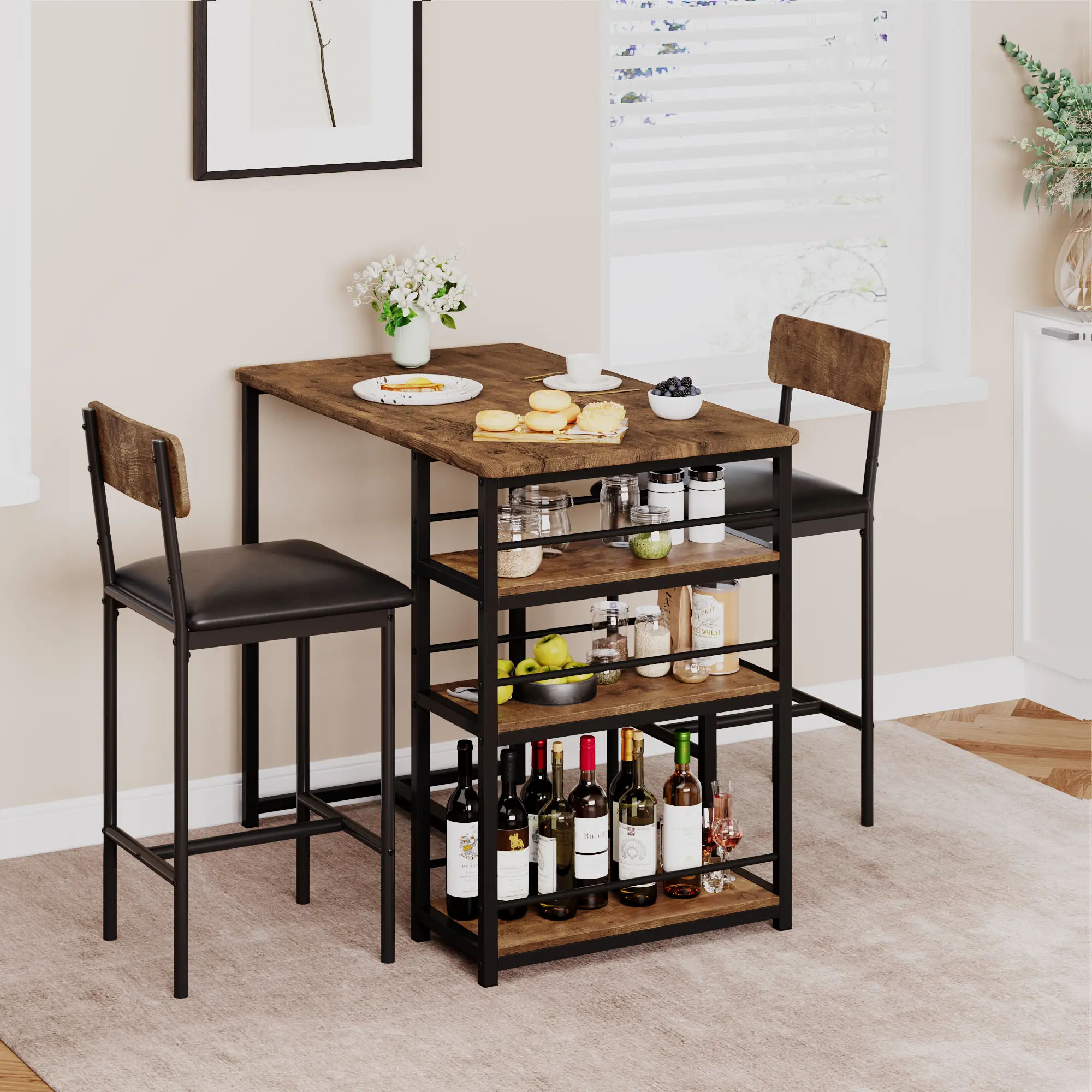 3-Piece Dining Table Set for 2 – Modern Space-Saving Bar Table with Upholstered Chairs & 3 Storage Shelves – Ideal for Small Kitchens, Apartments, Breakfast Nook, Bistro – Grey and Gold White