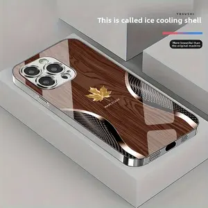 High-end Business Style Curved Golden Maple Wood Grain Glass Phone Case, Suitable for iPhone 11, 12, 13, 14, 15, 16 Plus, Pro, and Pro Max
