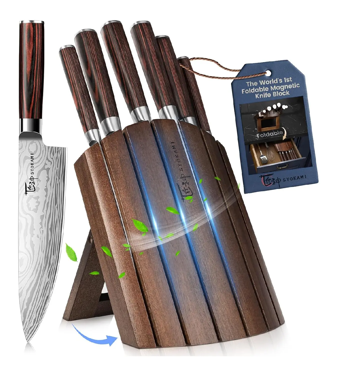 【DealsForYouDays】 SYOKAMI Knife Set 7 Piece Japanese Style Kitchen Knife Set With Foldable Magnetic Acacia Wood Block Sharp High Carbon Stainless Steel Knives Set for Kitchen with Anti-slip Ergonomic Handle, Mother's Day Gift Cutting