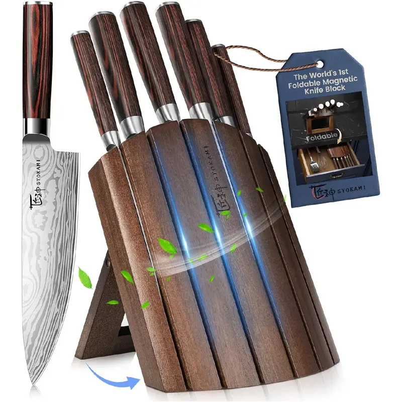 SYOKAMI 7-Knife Family Set - Japanese High Carbon Stainless Steel Kitchen Knives with Anti-Slip Ergonomic Handles, Foldable Magnetic Acacia Block Stand, Laser Print Name-Labeled Caps, Magnetic Safety Design, Holiday Gift for Cutting Needs