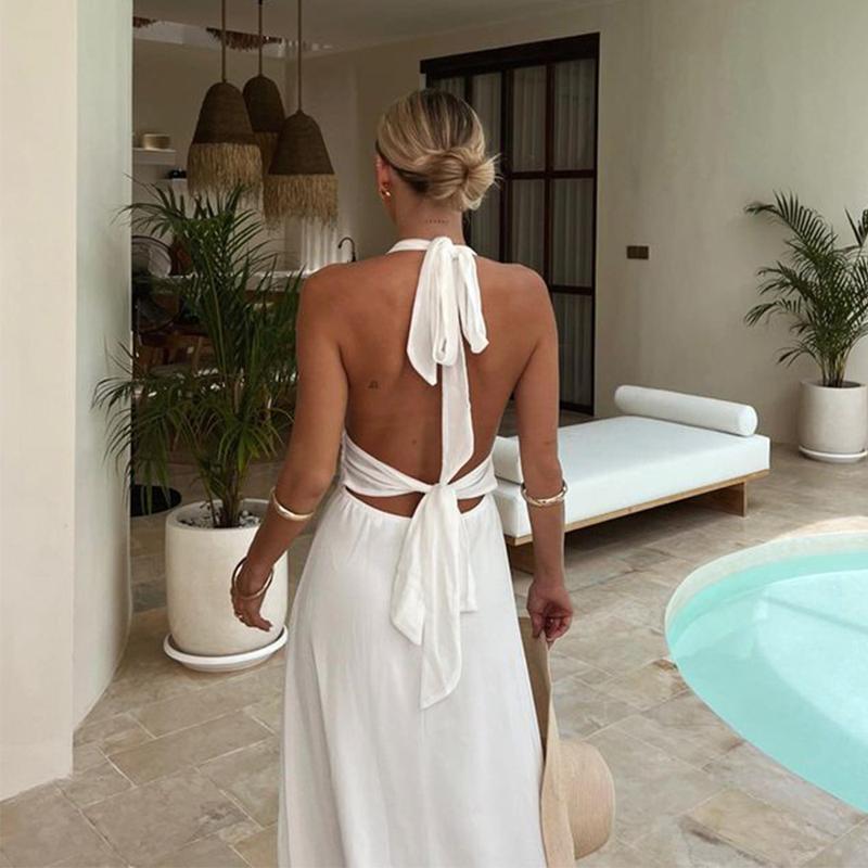 White Dres2025 Women's Clothing V-neck Halter Lace-up Backless Slit Dress Fashion Temperament Long Dress Formal Womenswear
