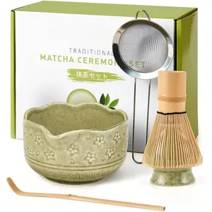 5 count Matcha Whisk Set, 18OZ Bowl With Spout,  Ceremony Matcha Whisks Kit,    Whisk, Ceramic Whisk Holder (Green), Stainless Sifter,  Scoop,  for Matcha Lovers Beginner