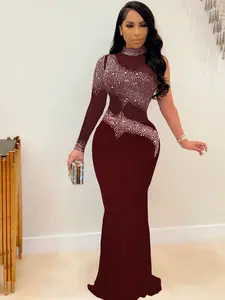 Sexy Rhinestone Mesh Bodycon Maxi Dress, Transparent Nightclub Skirt, Single Sleeve Asymmetrical Formal Evening Gown, Party Wear, Elegant and Stylish