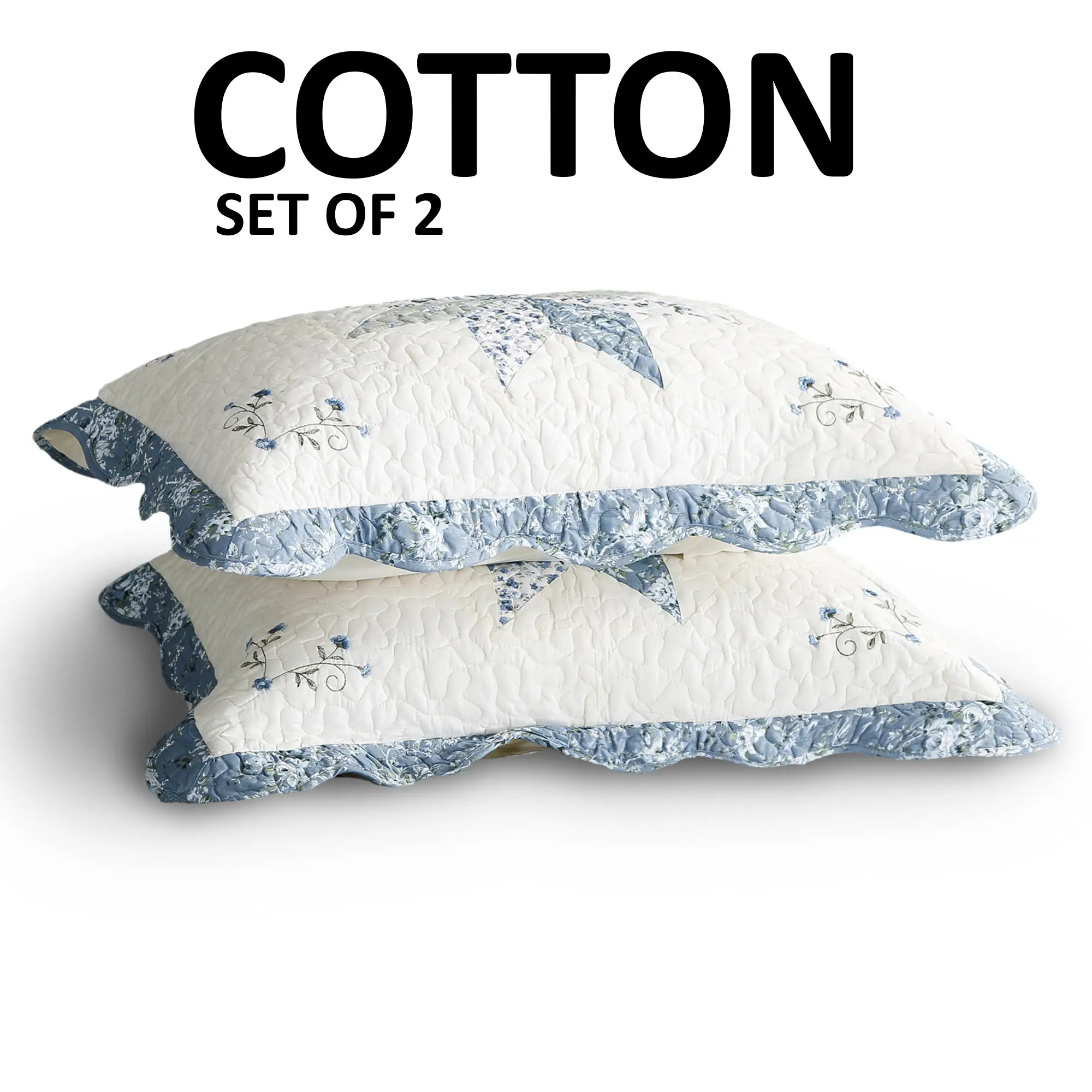 Kasentex 2-Pack 100% Cotton Pillow Sham Set - Quilted Blue and White Floral Motifs, Vermicelli Stitch, Soft, Skin-Friendly, Durable, Machine Washable, OEKO-TEX Certified, Warm Hypoallergenic Fill Compatible - Standard, Queen/King Bedding Decor Pillowcases
