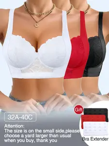 【mothersdaygift】Mimilemon Elegant Lace Bra Set 3PC with Non-Removable Padded Cups Underwire for Support Breathable Fabric All-Day Comfort Women's Wear Elegance Basic Minimalist Womenswear Classy Fit Black+White+Red Style Everyday Everyday