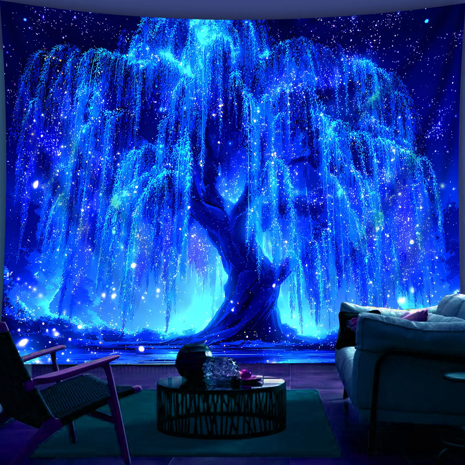 1pc Glowing Starry Night Tree Tapestry - Large Size Fluorescent Printed Banner, Polyester Fabric Wall Hanging for Bedroom, Office, Living Room Decor, No Installation Required, Indoor Use, Bedroom Wall Decor |     Mystical Atmosphere |     Vibrant Print, M
