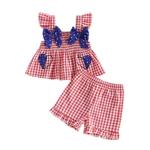 Toddler Infant Baby Girls 4th of July Gingham Outfits Set Patriotic Red and White Plaid Flying Sleeve Tank Top with Bows and Shorts 2Pcs Clothes Set