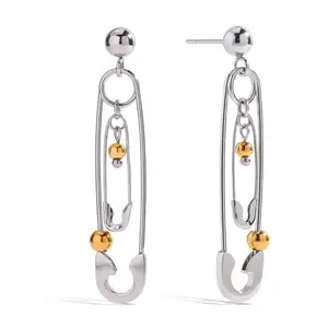 Two Tone Double Safety Pin Dangling Earrings - Pair - Stainless Steel