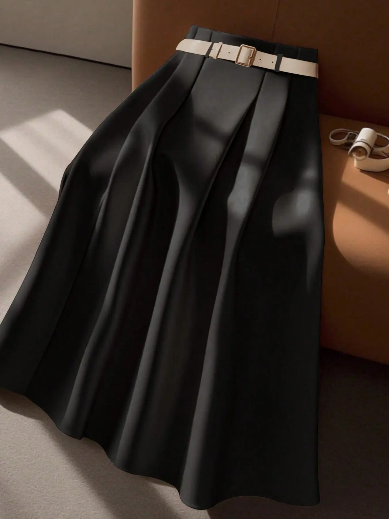 Elegant Chic Women's High Waist A-Line Woven Fabric Waist Cinching Skirt with Belt, Comfortable Fitted Slim Fit Design, Perfect for Office & Special Occasions, Versatile Fashion Piece, Womenswear, Lady