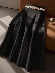 Elegant Chic Women's High Waist A-Line Woven Skirt with Belt, Comfortable Fitted Slim Fit Design, Perfect for Office & Special Occasions, Versatile Fashion Piece