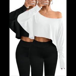 Women’s solid off-shoulder long-sleeve crop top, casual for daily wear, holidays, and outdoor activities; ladies’ clothing for all seasons; women’s T-shirts; going-out tops; tops for women