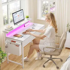 39.4" Ergonomic Computer Workstation with LED Strip Lights, Ergonomic Monitor Stand, 2 Fabric Drawers & Side Pocket - Home Office Gaming Desk for Studying & Working