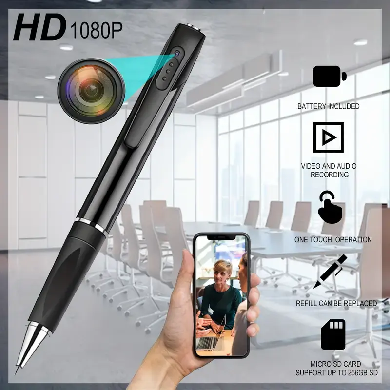 Pen Spy Camera Mini Hidden Camera 1080 HD Rakaman Suara Wayarles WIFI Body Camera bateri terbina dalam connect phone cctv case kamera kecil Hitam Memori Photography