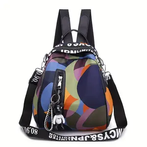 Women's Colorful Geometric Oxford Cloth Backpack - Multifunctional Handbag, Shoulder Bag & Crossbody Purse with Adjustable Straps, Zipper Closure & Bonus Teddy Bear Keychain Accessory, Versatile Travel Purse | Trendy Women's Backpack | Durable Zipper Clo