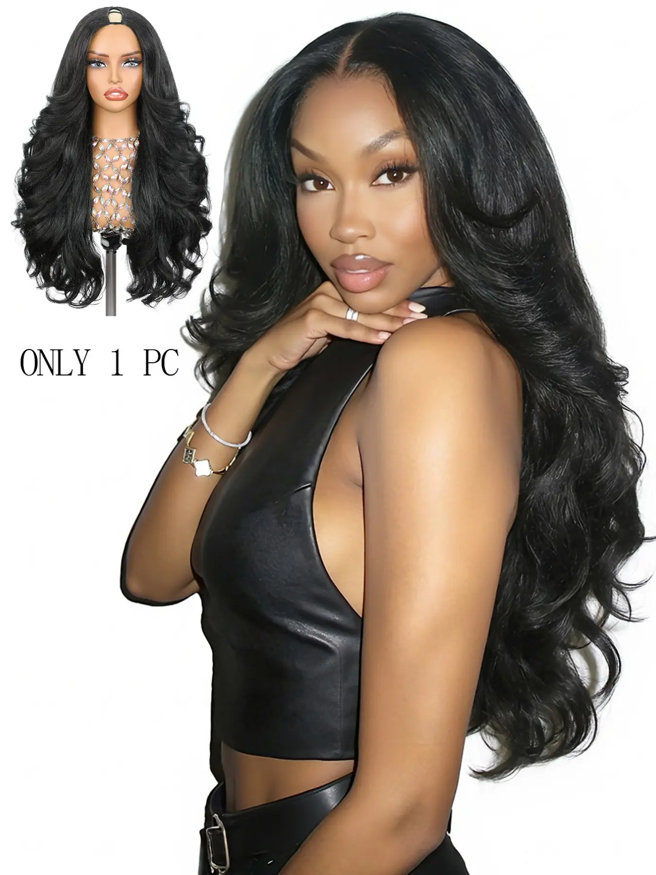 Yaki Curly V Part Wig 26 Inch Synthetic Half Wig Glueless U Part Wig with Filp Curls Curly Half Wigs Synthetic Wavy Curly For Black Women Daily Party Use(Natural Black) Curly Hair Wigs Black Woman Wigs No Glue Wig