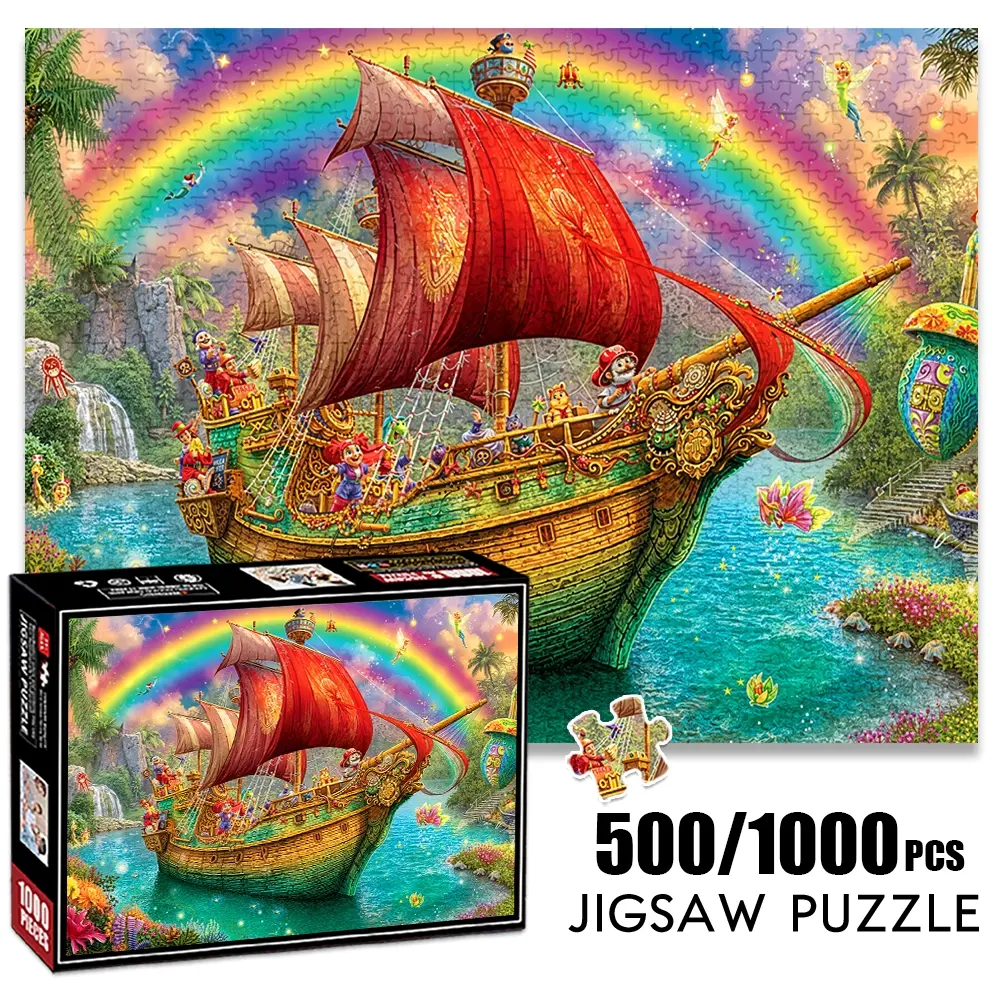 1pc 1000 piece adult puzzle 70x50cm Fantasy Pirate Ship with Fairies and Rainbow in Magical Landscape 500 pieces of paper jigsaw puzzle, suitable for adults and families, large-scale DIY puzzle int