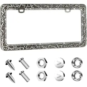 Gel Metal Car License Plate Frames,Antique Old Pattern Printing, Bling Crystal Rhinestones Inlaid,Universal 2 Holes Automotive Replacement Parts Plate Holder(1 Pack)