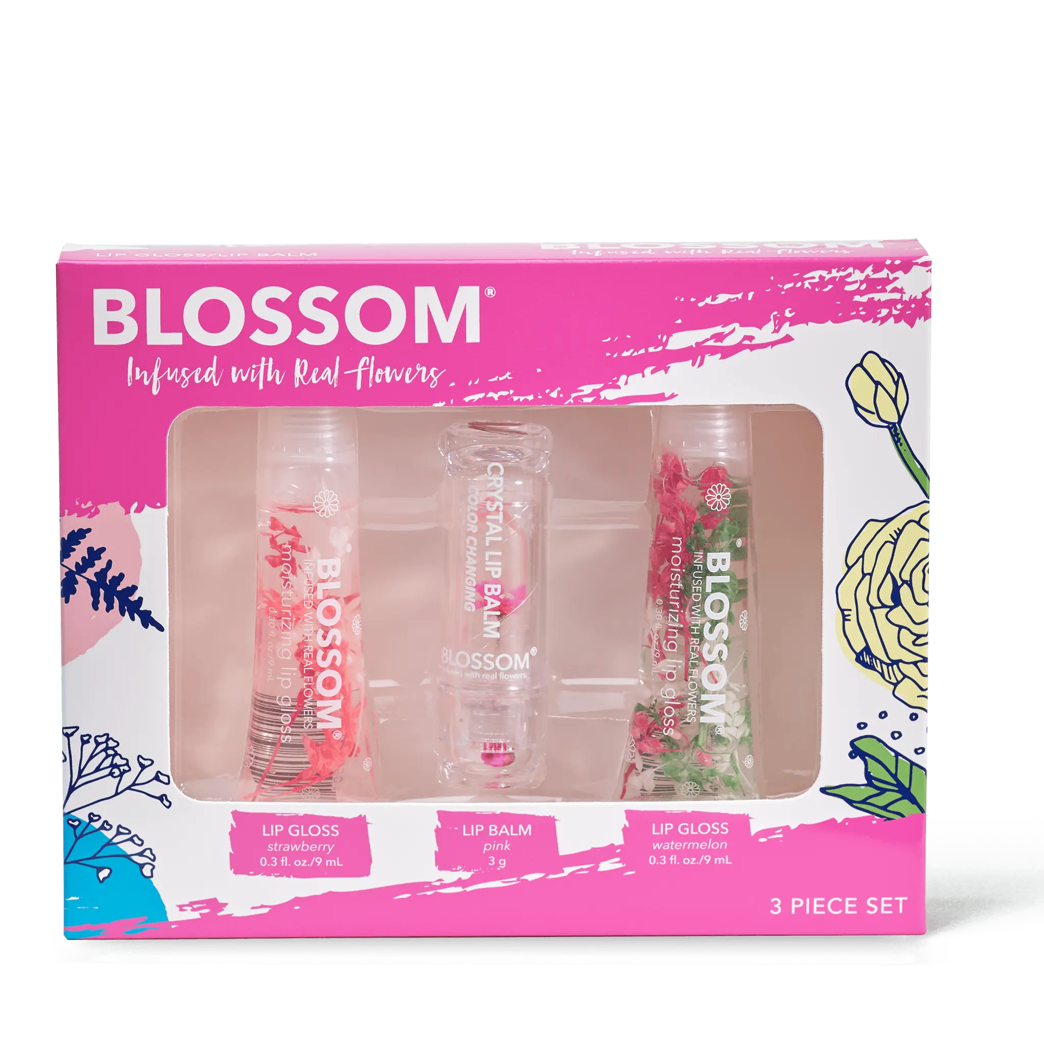 Blossom 3-Piece Set - Strawberry Moisturizing Lip Gloss Tube, Pink Color-Changing Crystal Lip Balm, Watermelon Moisturizing Lip Gloss Tube