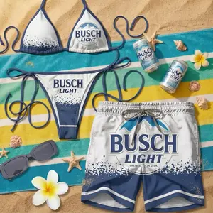 Light Tropical Matching Couple Swimsuit Set, Funny Beer Lover Bikini & Men's Swim Trunks, Hawaiian Beach Vacation Outfit, Gift For Him Her