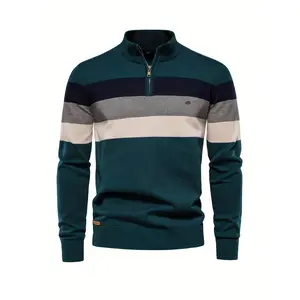 Cotton Knitted Color Block Sweater, Men's Casual Warm Slightly Stretch Half Zipper V Neck Pullover Sweater For Men Fall Winter  Long Sleeve Multicolor Menswear Knitwear Tops