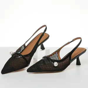 CYNLLIO Slingback Heels for Women Closed Pointed Toe Ankle Strap Mesh Women's Pumps Pearl Stiletto High Heels Prom Party Casual Work Shoes