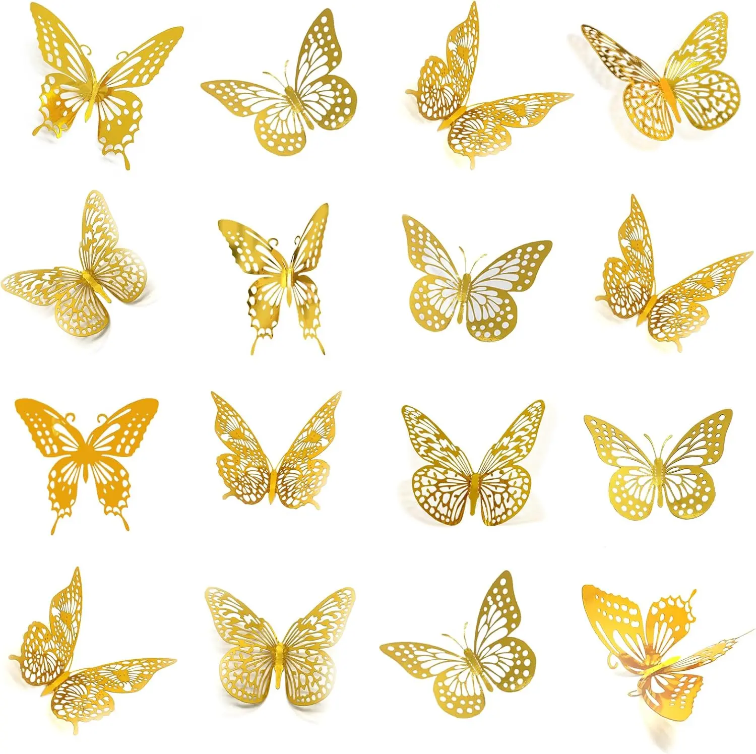 48Pcs Gold Metallic 3D Butterfly Decorative Stickers - 4 Styles, 3 Sizes (8/10/12cm), Self-Adhesive, Foldable Wings, Removable for Wall, Window, Wedding Party