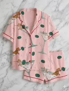 Funny Dachshund Martini Pajama Set Women, Sausage Dog Print Satin Sleepwear, Soft Short Sleeve Lounge Outfit, Gift Idea for Her