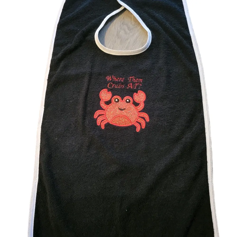 Adult Bib with Machine Embroidery Design Where Them Crabs At Featuring Fun Crab Graphic