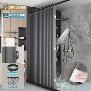 Gray Foldable Privacy Shower Curtain with Magnetic Accessories, Polyester Wave Pattern Including Black Hooks, Machine Washable All Seasons NEW