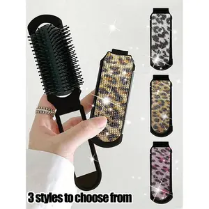 Leopard Print Folding Mirror Comb -3 Portable Mirrors, Multifunctional Mini Makeup Mirror And Massage Comb, Travel Brush, Essential For Travel, Durable Plastic Frame, Suitable For Women's Daily Hairstyles, Makeup, Beauty Tools