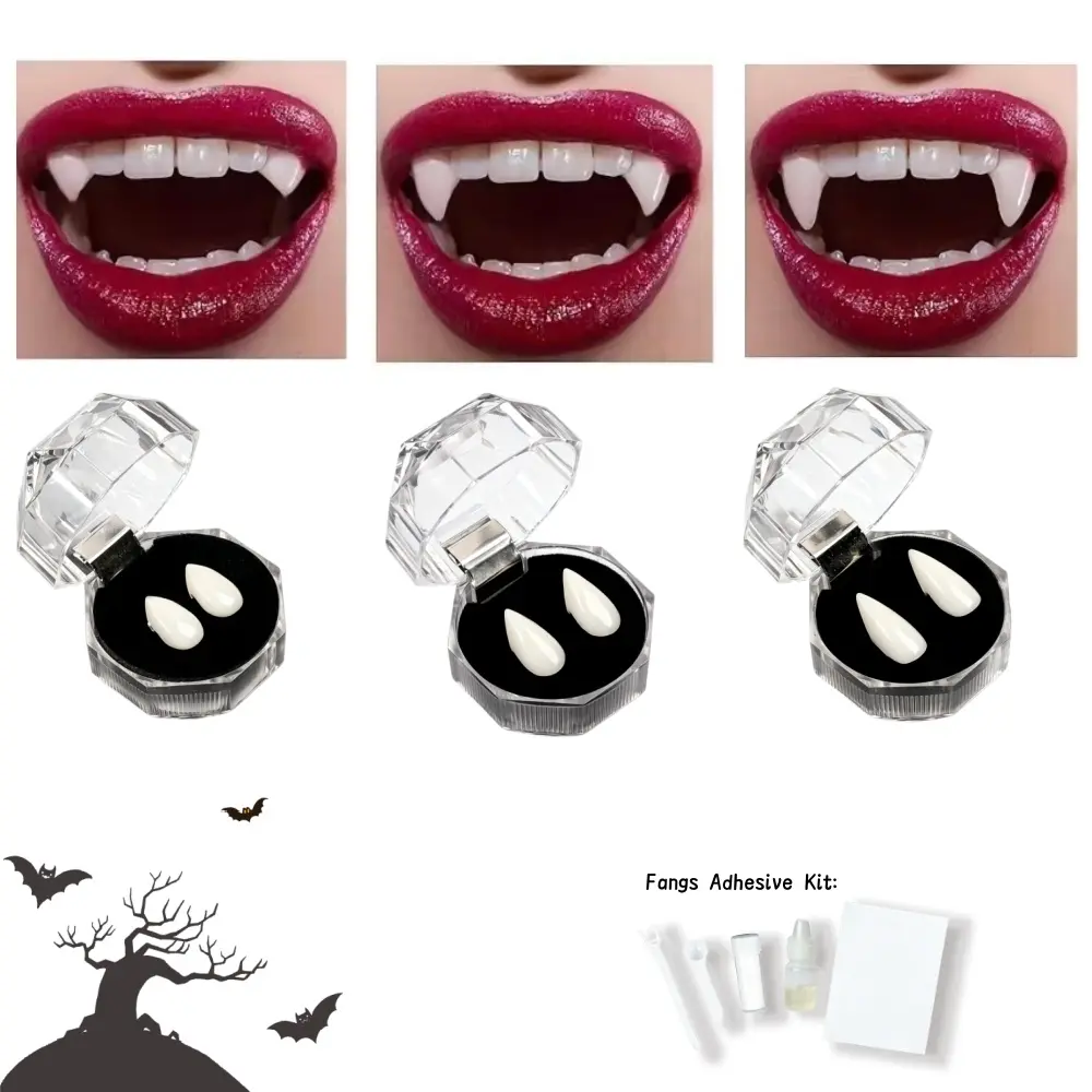 Vampire Fangs Teeth with Adhesive Kit Realistic Reusable Cosplay Fangs for Halloween Party Vampire Demon Werewolf Costume Accessories