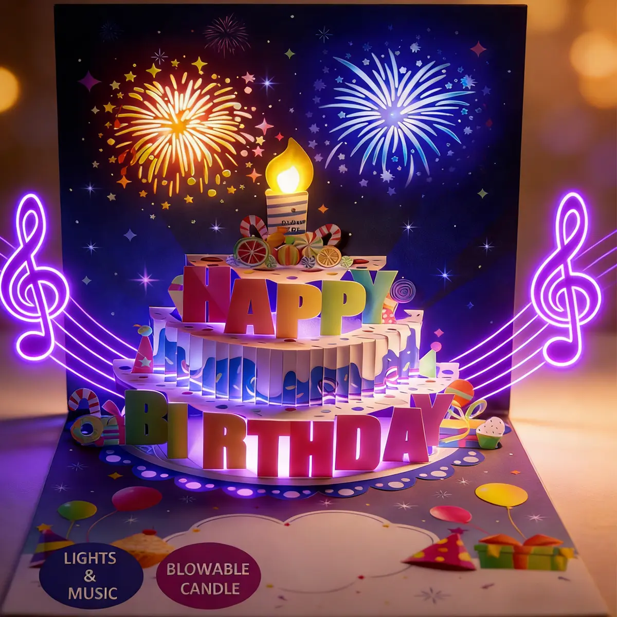 3D Pop-Up Birthday Card with LED Lights & Blowable Candle - Interactive Musical Greeting Card for All Ages, 2026 Creative Birthday Gift