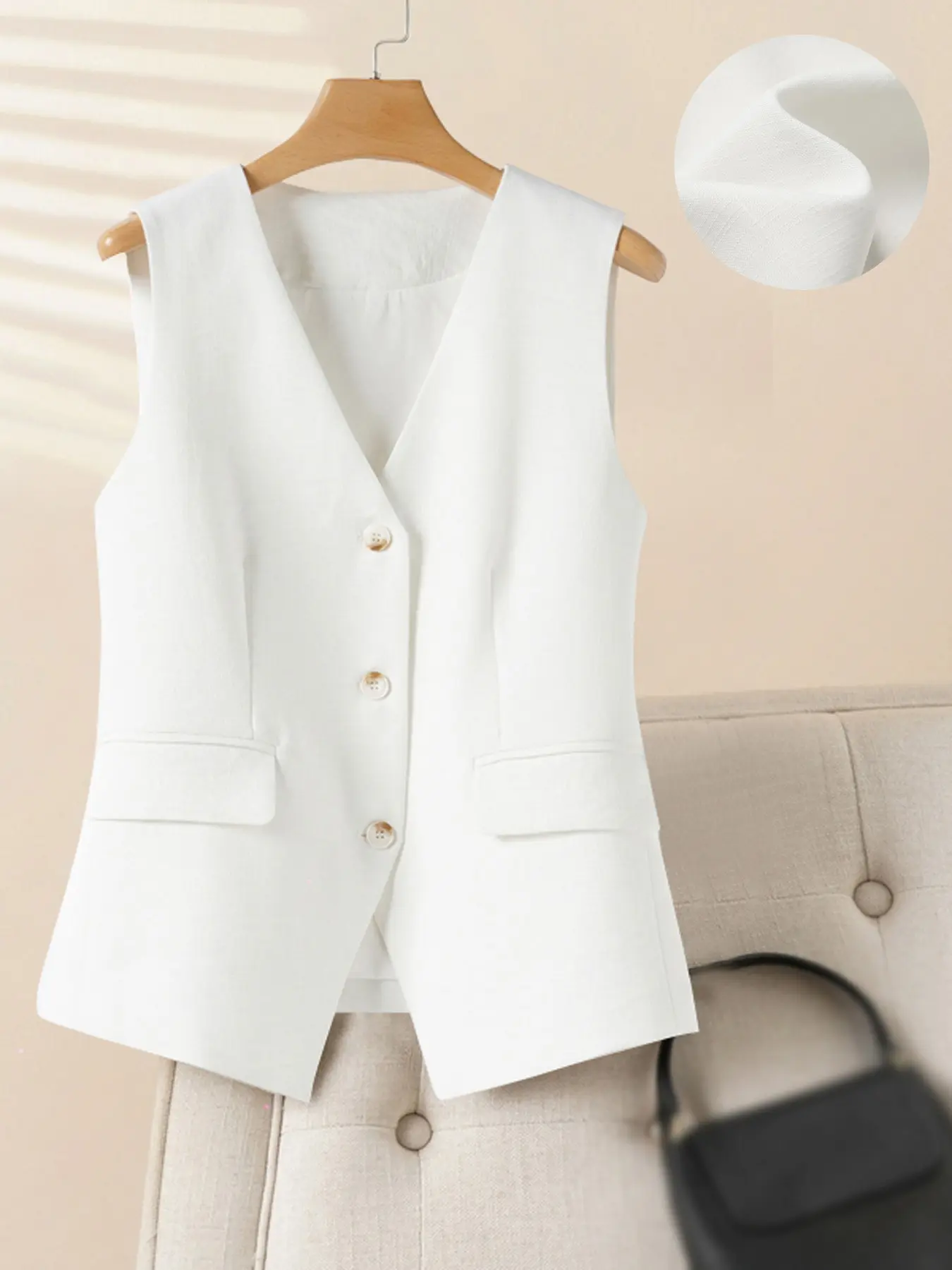 Women's V Neck Sleeveless Blazer Gilet, Spring & Fall Outer Vest, Slim Fit Short Length, Button Closure, Business Casual Style, Fashionable Office Wear