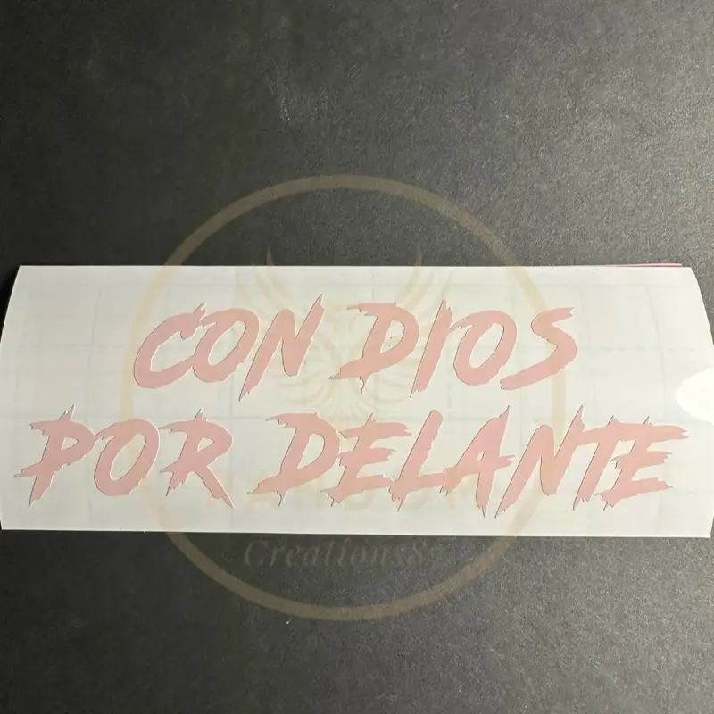 Con Dios Por Delante Decal (PIGGY PINK), 5.5 Inches Wide x 1.92 Inches Tall