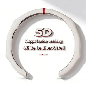 Luxury White Nappa Leather Spliced Steering Wheel Cover, Anti-Slip Grip, Low Profile, Ultra-Thin Breathable, Universal Fit Car Interior Upgrade, Contrast Stitch