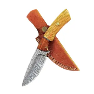 Damascus Hunting Knife with Leather Sheath: Handmade Fixed Blade