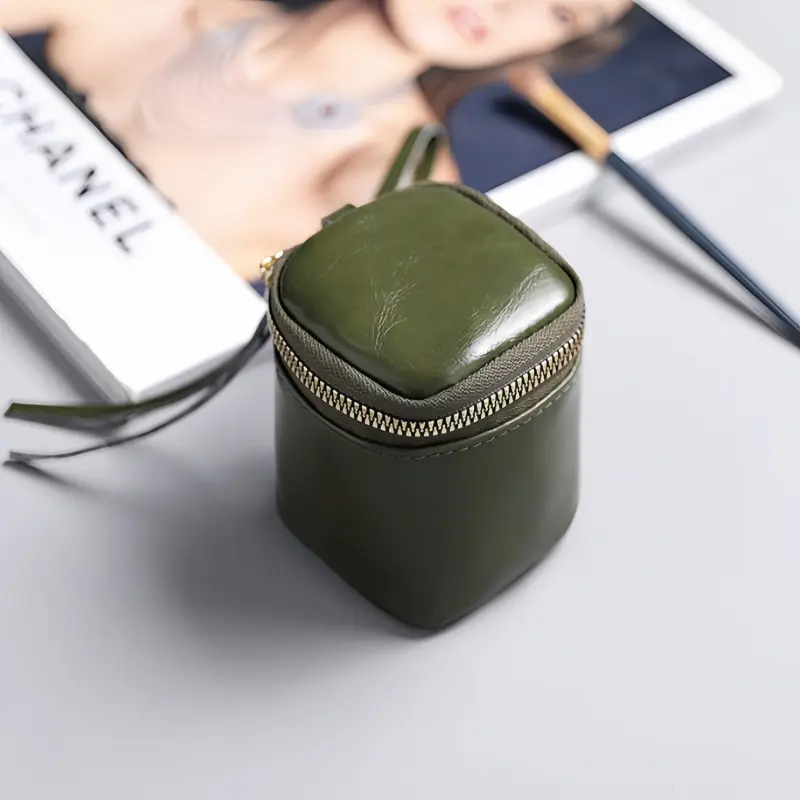 Mini Handbag Earphone Bucket Bag Soft Leather Coin Storage Wallet, Style Wax PU Keychain Pouch, Vintage Retro Lipstick Organizer Durable