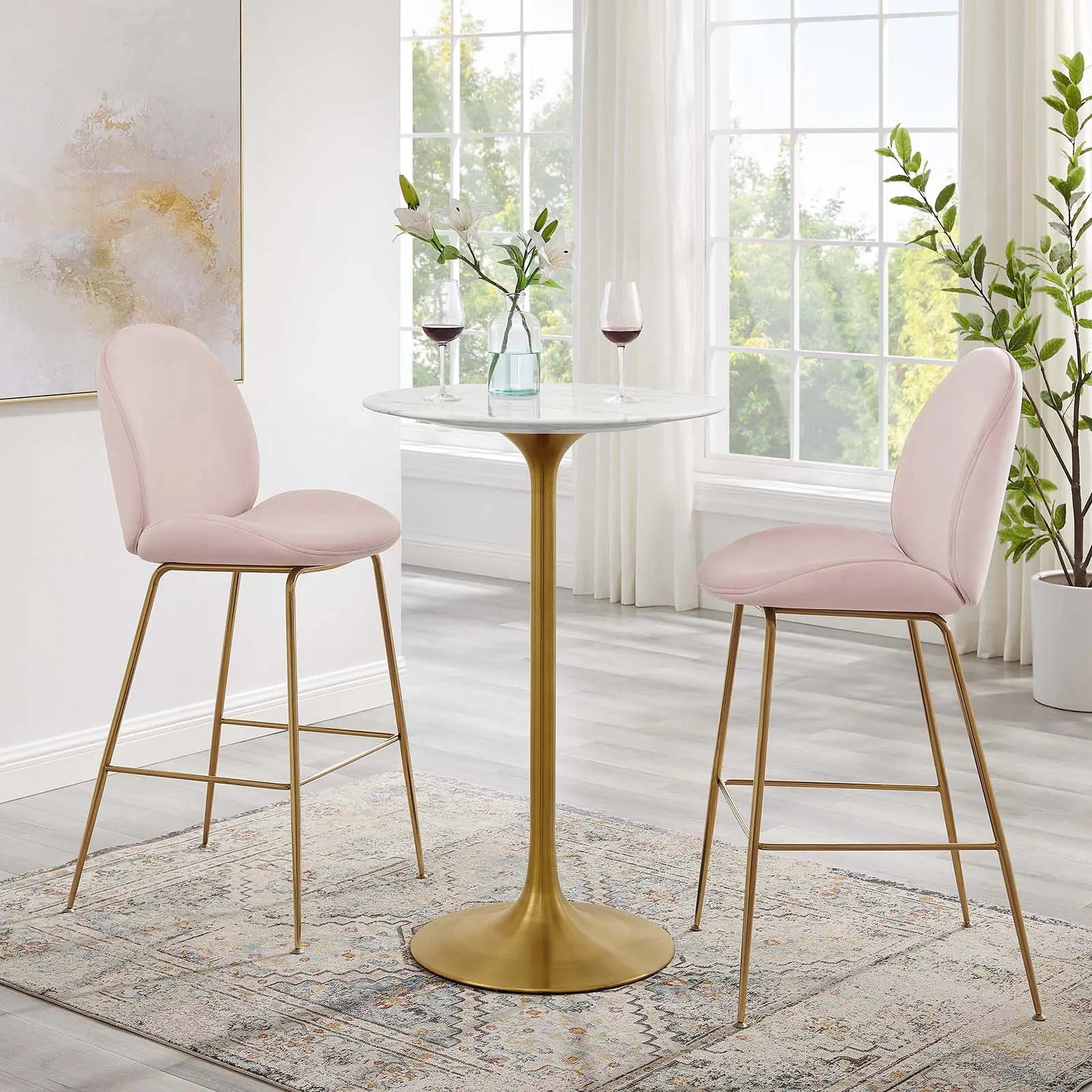 Modway Lippa 28" Round Artificial Marble Bar Table in Gold White