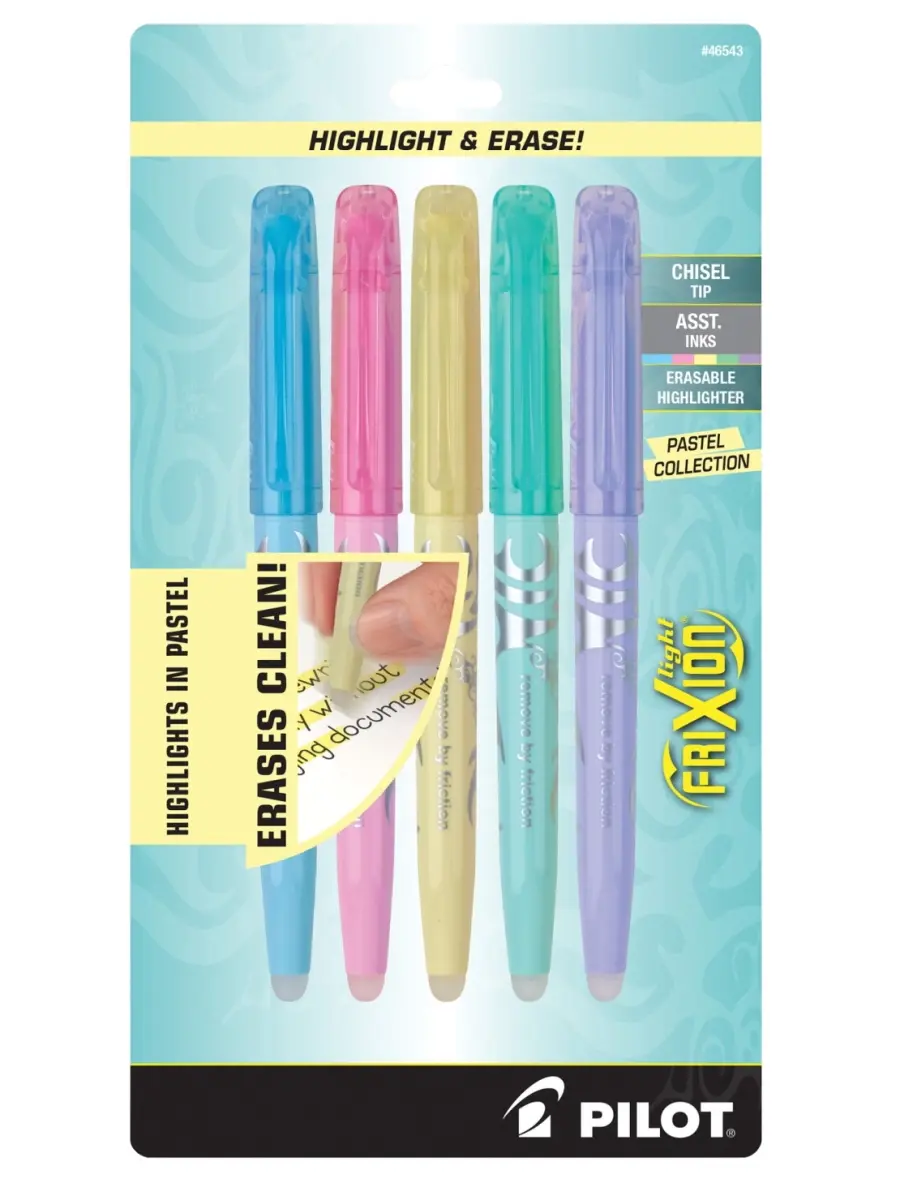Pilot Frixion Pastel Erasable Highlighter Set (5-Piece) - Office Stationery, Chisel Tip for Thick/Thin Lines, Accentuates Important Information, Allergen-Free Writing Tool