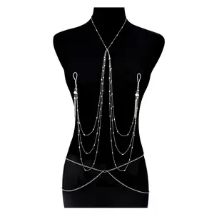 2pcs/set Stainless Steel Fake Nipple Rings With Chain, Waist Chain Set, Nipple Body Chain Jewelry