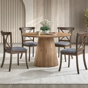 (1 Table with 4 Chairs)Wooden Dining Table Set, Modern Round MDF Kitchen Table and Boucle Upholstered Dining Chairs for Dining Room, Kitchen, Saving Space, ASH Color