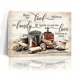 1 Piece Farmhouse Wooden Frame Canvas Wall Art - Vintage Letters Print "Thank Food, Family, Love" Engraved Quote with Toast, Spices, and Cup - Perfect for Home, Office, Kitchen, Living Room Decoration - Kitchen Wall Art|Country Style Decoration