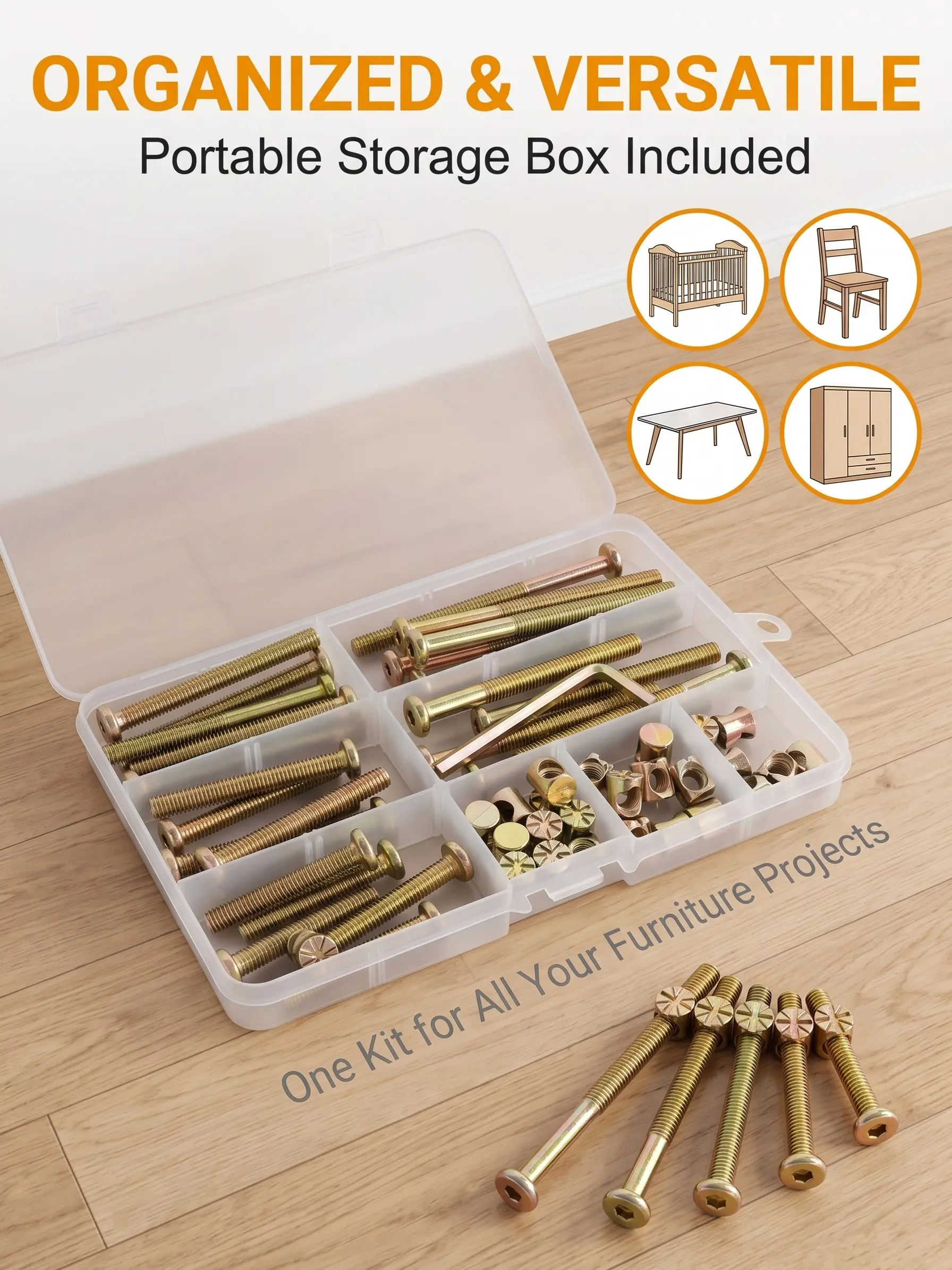 50 Pieces M6 Anti-Rust Furniture Bolts & Barrel Nuts Assortment Kit, 5 Sizes M6x40/50/60/70/80 Hex Socket Head Wood Screws with Cross Dowel Nuts & Allen Wrench for Baby Crib, Dining Table, Chair